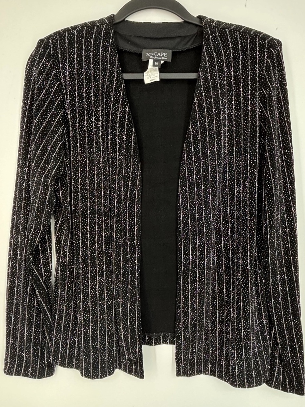 Xscape Womens Medium Evening Cardigan Jacket Black Silver Glitter Stripes LS